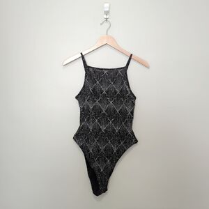 H&M Silver and Black Bodysuit with Sheer Pattern
